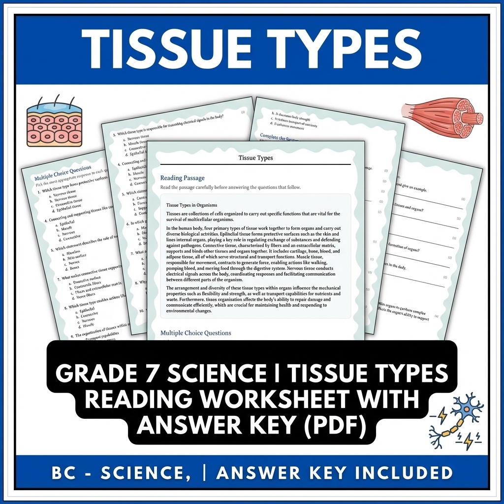 Grade 7 Science | Tissue Types Reading Worksheet with Answer Key (PDF)