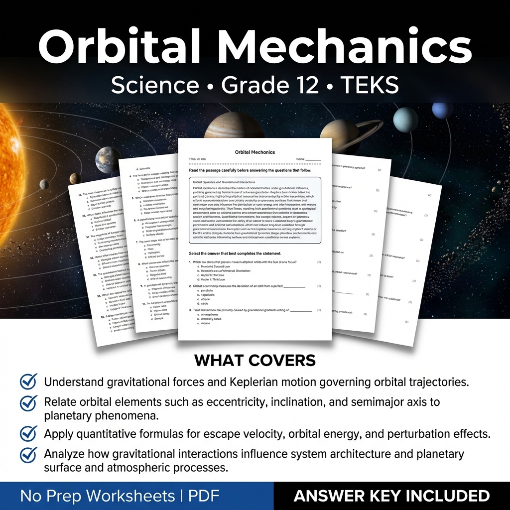 Grade 12 Science Worksheet on Orbital Mechanics | TEKS Standards