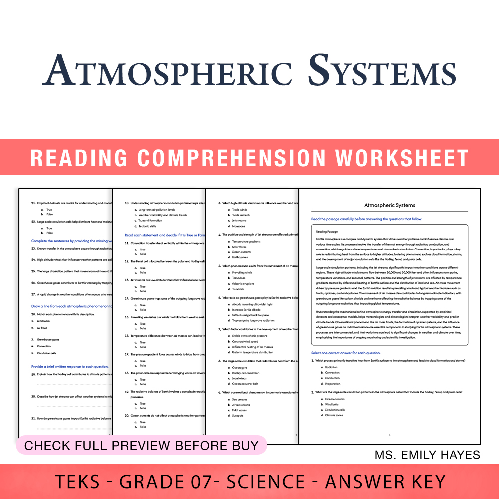 Grade 7 Science worksheet worksheet — 7th Grade Science | Atmospheric Systems Worksheet (PDF+ Answer Key) — page 1