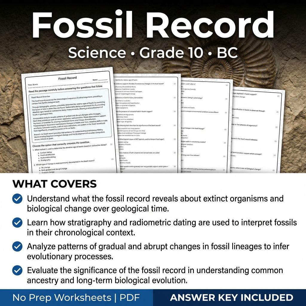 Grade 10 Science Worksheet | Fossil Record Practice & Assessment (Answer Key)
