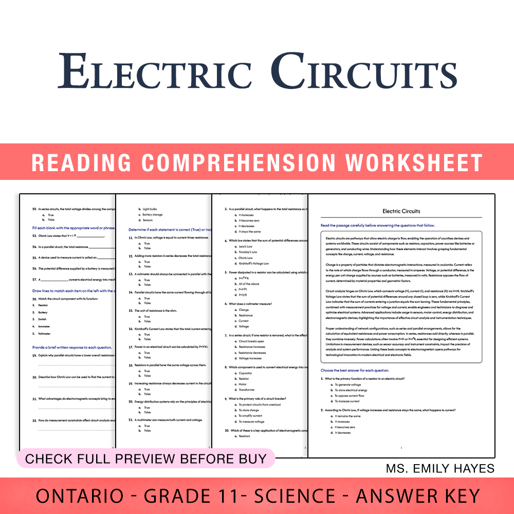 Grade 11 Science worksheet worksheet — Grade 11 Science | Electric Circuits Worksheet (PDF + Answer Key) — page 1