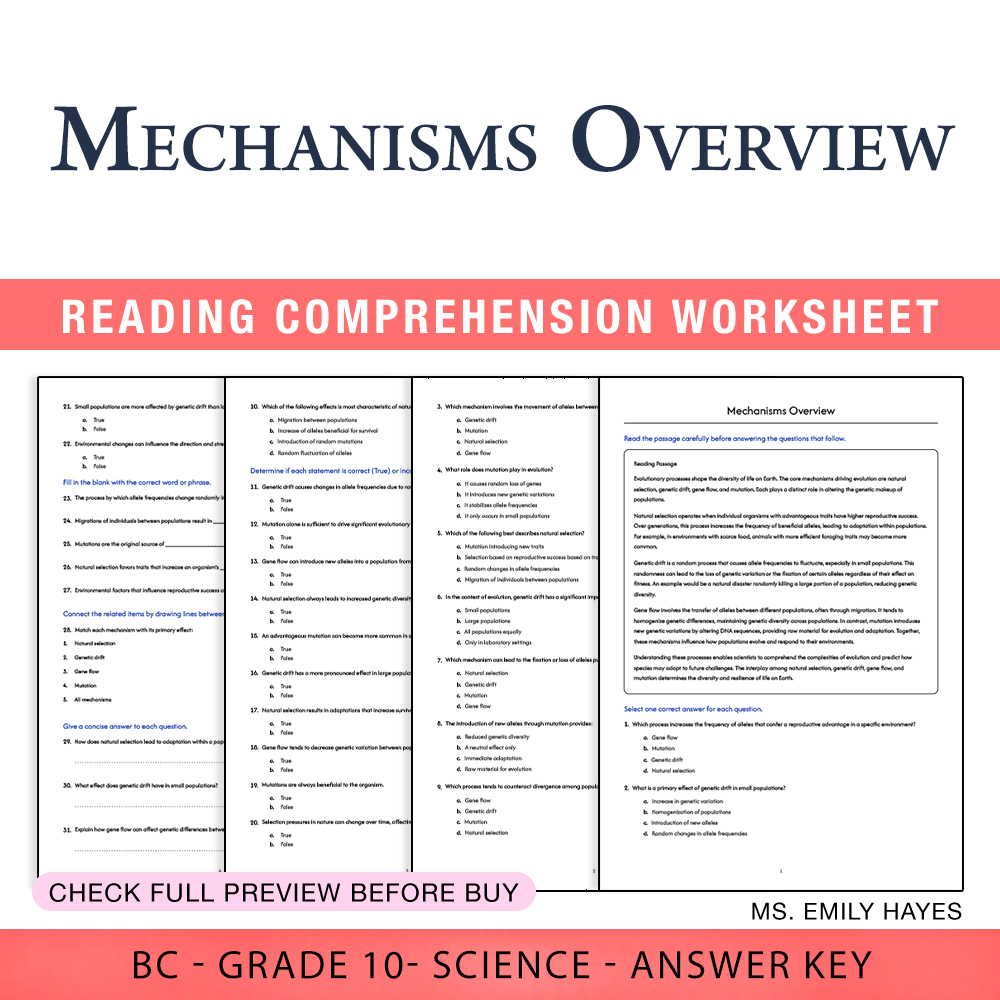 Grade 10 Science worksheet worksheet — Grade 10 Science | Mechanisms of Evolution Worksheet (PDF+ Answer Key) — page 1