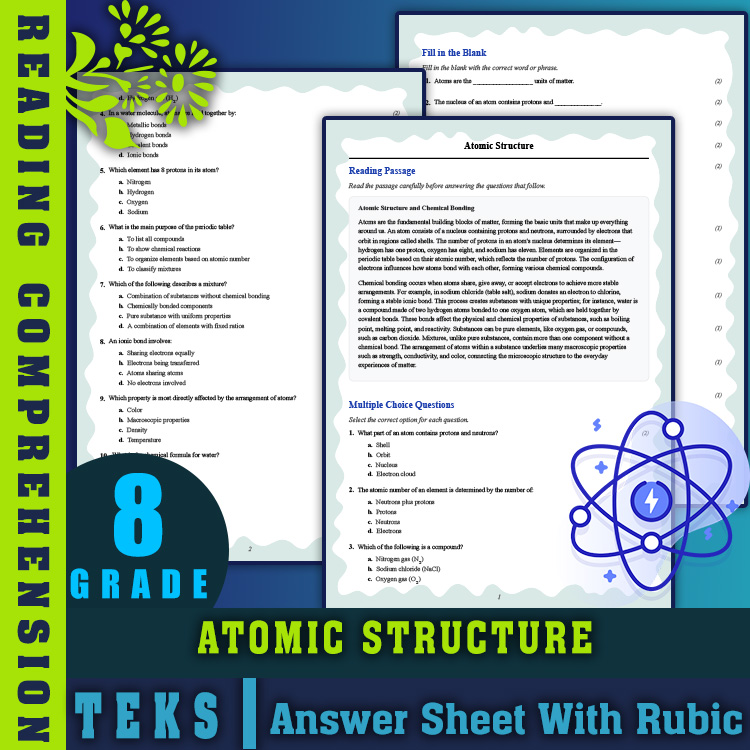 Grade 8 Science reading worksheets worksheet — Grade 8 Science | Atomic Structure Reading Worksheet (PDF & Rubric) — page 1
