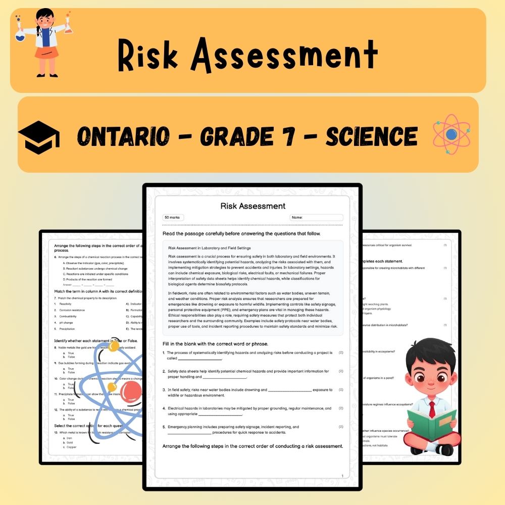 Grade 7 Science worksheet worksheet — Grade 7 Science – Risk Assessment Worksheet (PDF ) | Ontario Standards — page 1