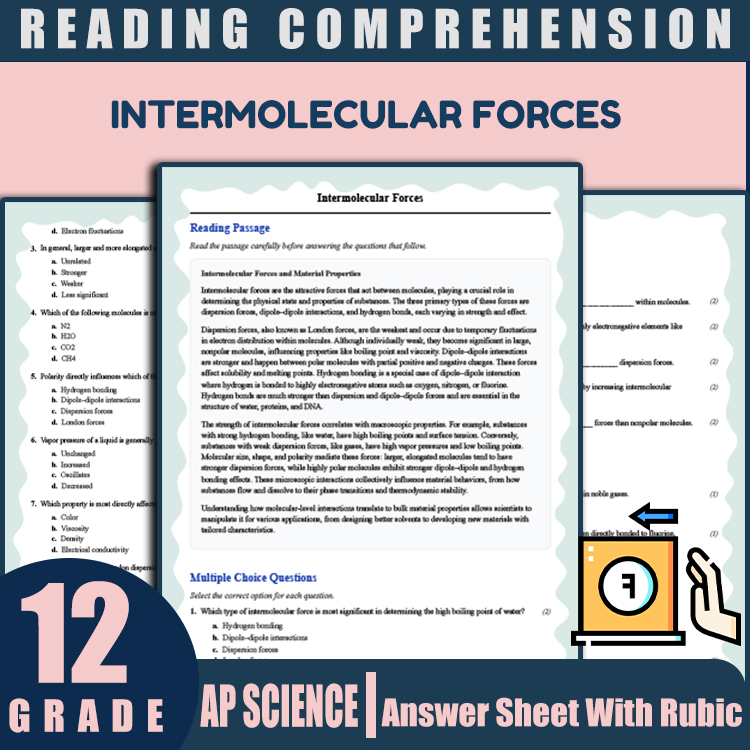 Grade 12 Science reading worksheets worksheet — Grade 12 Science | Intermolecular Forces Reading Worksheet & Answer Key (P…