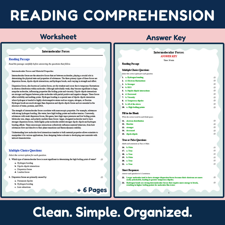 Grade 12 Science reading worksheets worksheet — Grade 12 Science | Intermolecular Forces Reading Worksheet & Answer Key (P…