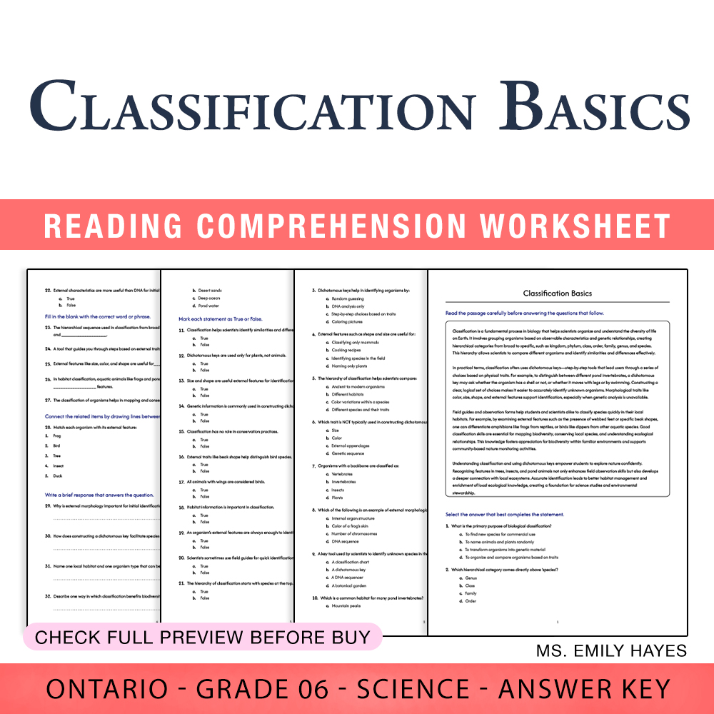 Grade 6 Science worksheet worksheet — Grade 6 Science | Classification Basics Worksheet (PDF + Answer Key) — page 1