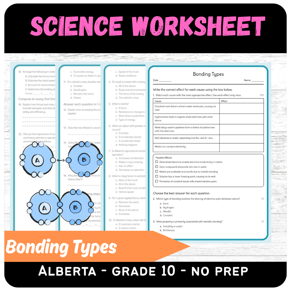 Grade 10 Science science 1 worksheet — Grade 10 Science – Bonding Types Worksheet (PDF) – Alberta Standards