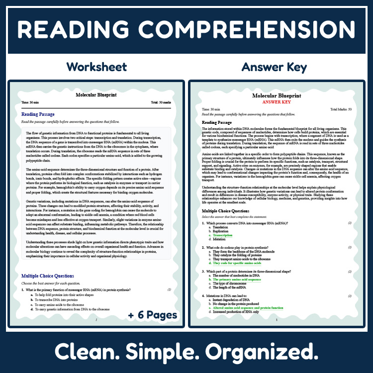 Grade 11 Science reading worksheets worksheet — 11th Grade Science | Molecular Blueprint Reading Worksheet (PDF + Answer K…