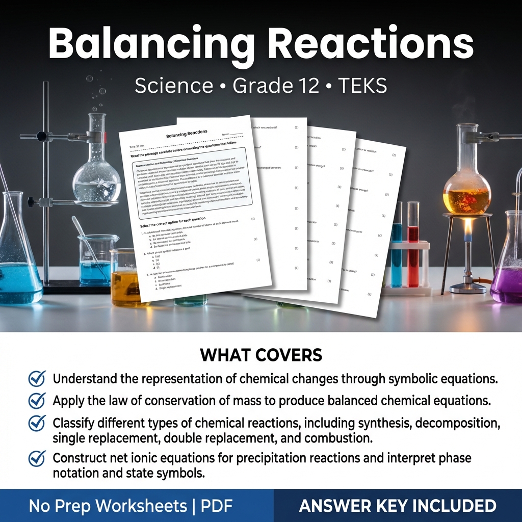Grade 12 Science Worksheet on Balancing Reactions | TEKS Standards