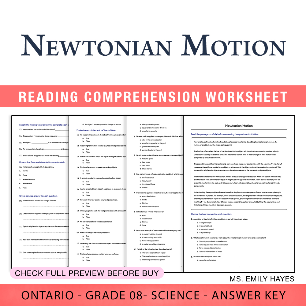Grade 8 Science worksheet worksheet — Grade 8 Science | Newtonian Motion Worksheet (PDF+ Answer Key) — page 1