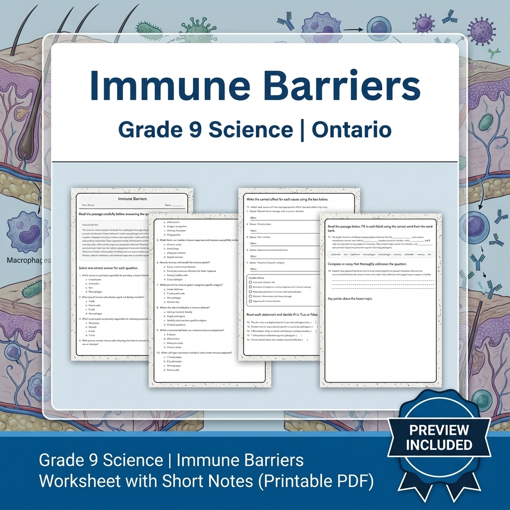 Grade 9 Science | Immune Barriers Worksheet with Short Notes (Printable PDF)