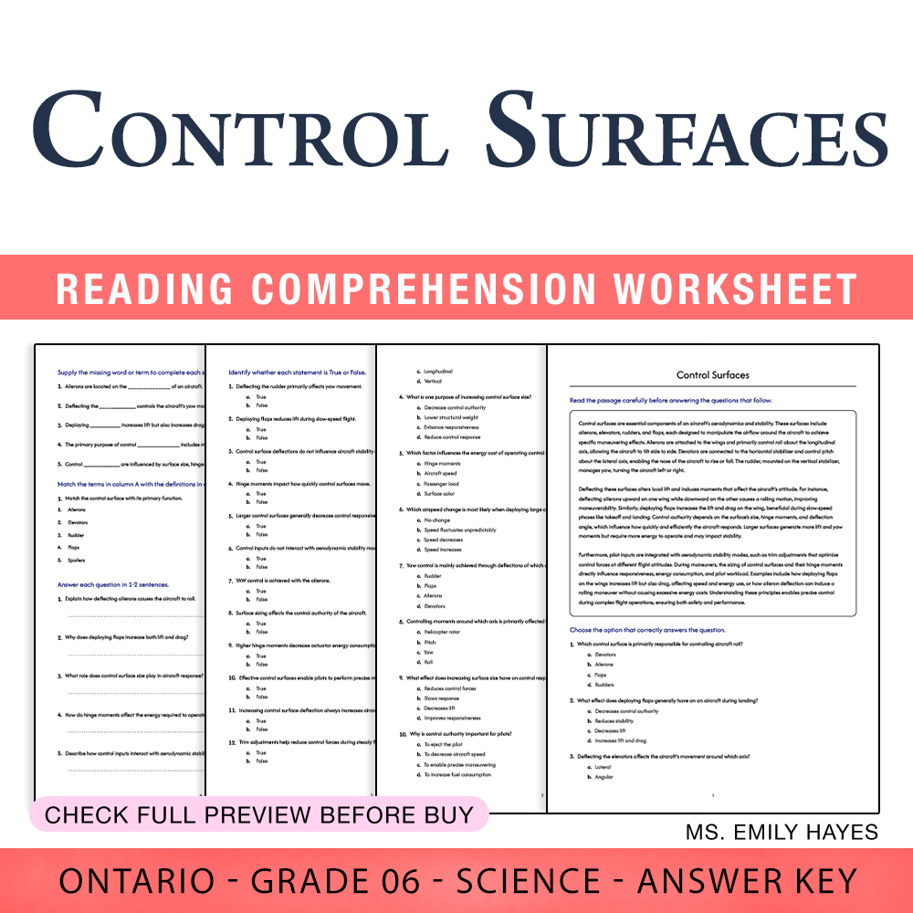 Grade 6 Science worksheet worksheet — 6th Grade Science | Control Surfaces Worksheet (PDF + Answer Key) — page 1