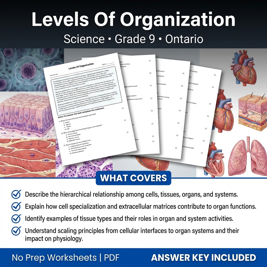 Levels Of Organization Worksheet for Grade 9 Science | Ontario Standards