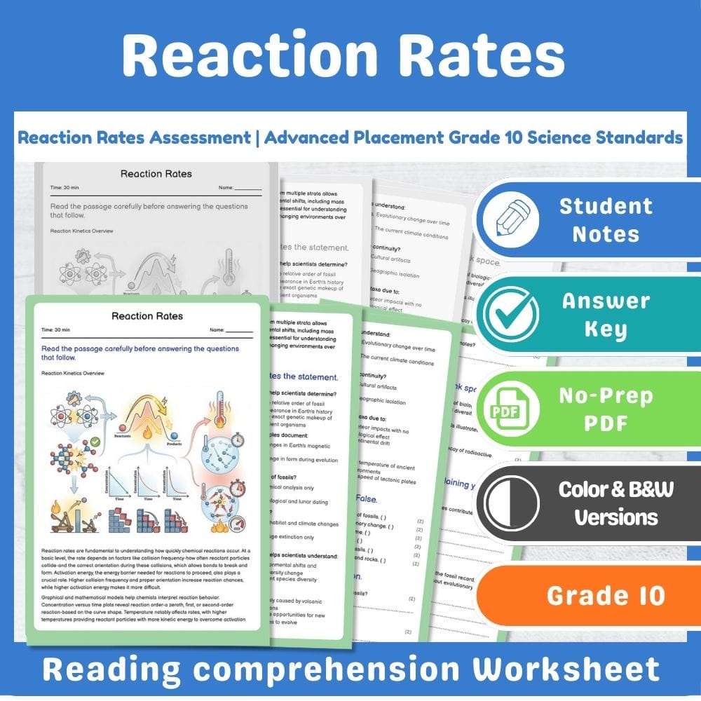 Grade 10 Science assessment worksheet — Reaction Rates Assessment | Advanced Placement Grade 10 Science Standards — page 1