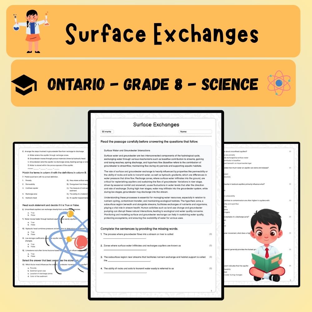 Grade 8 Science worksheet worksheet — Grade 8 Science | Surface Exchanges Worksheet (PDF) for Ontario Standards — page 1