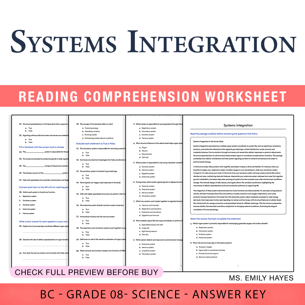 Grade 8 Science worksheet worksheet — 8th Grade Science | Systems Integration Worksheet (PDF+ Answer Key) — page 1