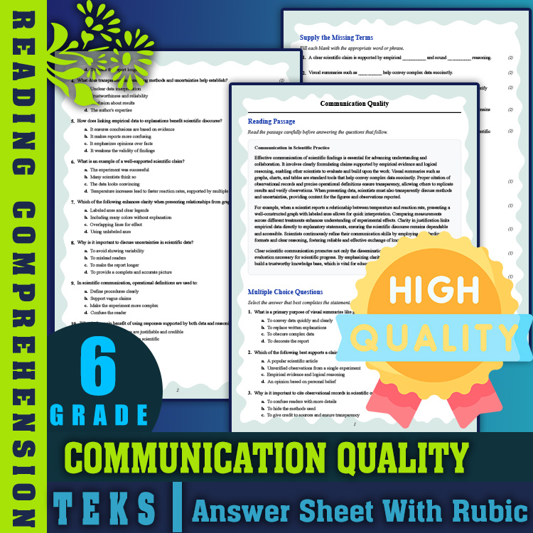 Grade 6 Science reading worksheets worksheet — 6th Grade Science | Communication Quality Reading Worksheet (PDF + Rubric)…