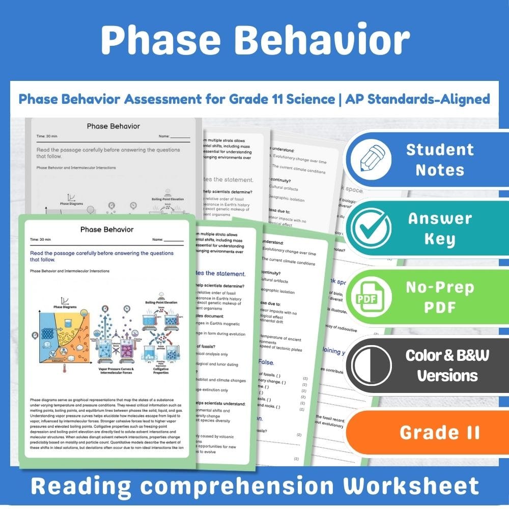 Grade 11 Science assessment worksheet — Phase Behavior Assessment for Grade 11 Science | AP Standards-Aligned — page 1