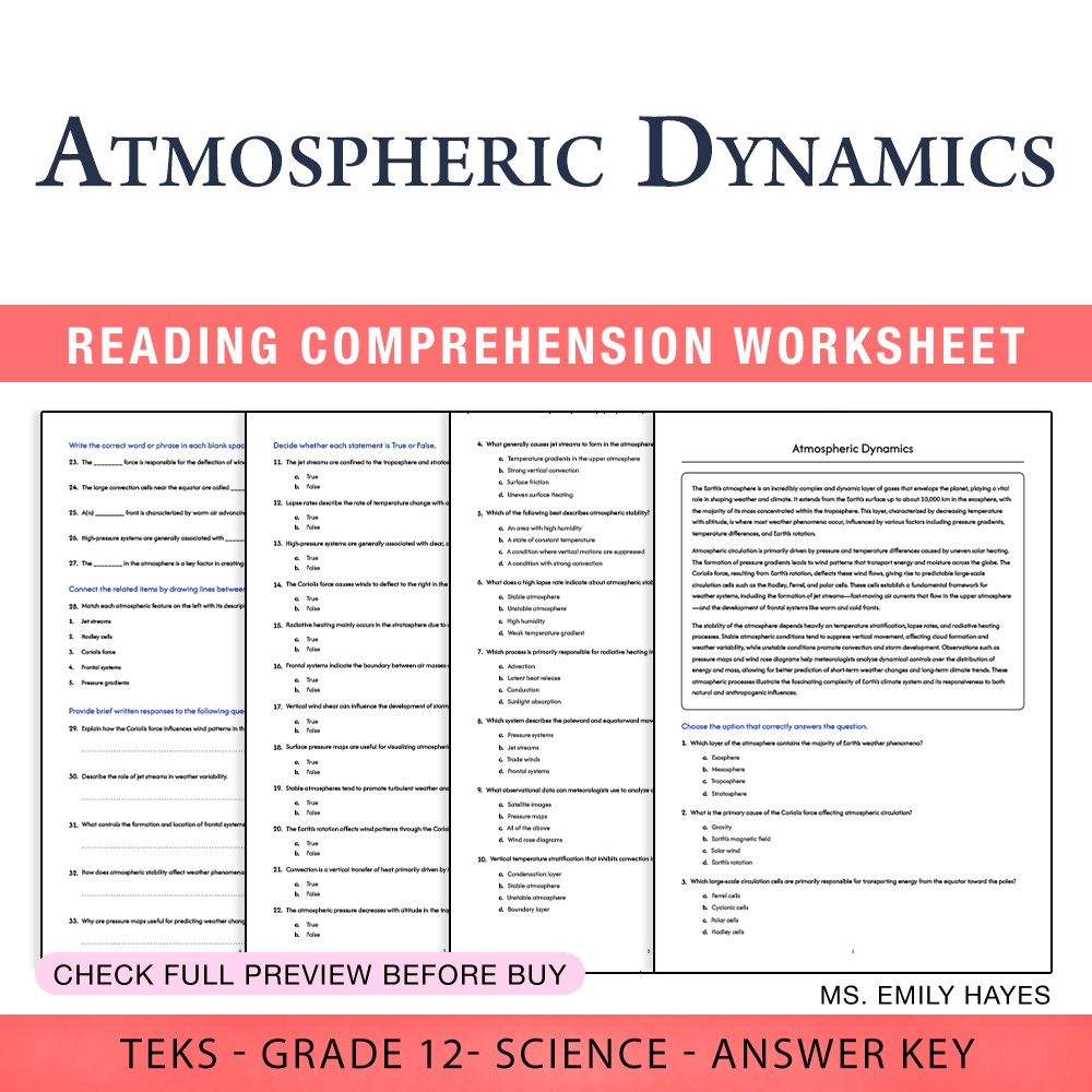 Grade 12 Science worksheet worksheet — Grade 12 Science | Atmospheric Dynamics Worksheet (PDF+ Answer Key) — page 1
