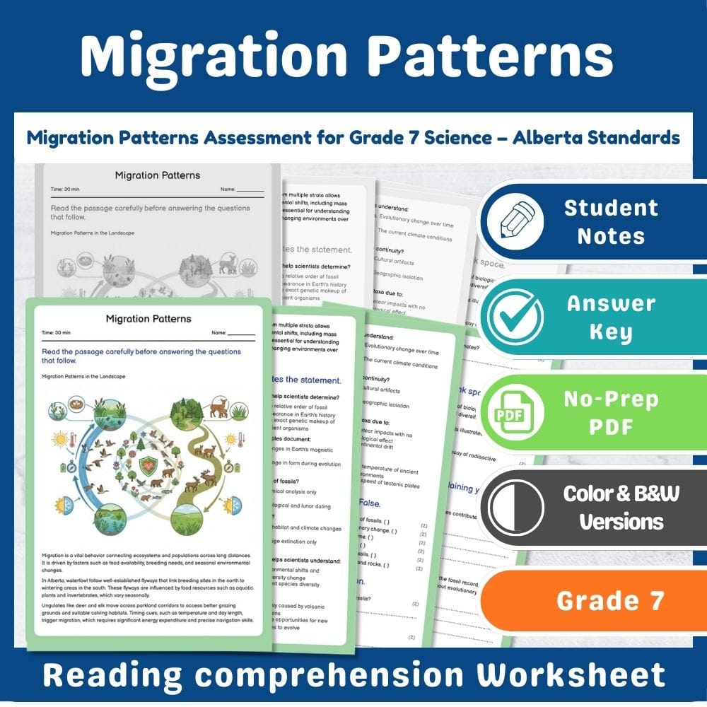 Grade 7 Science assessment worksheet — Migration Patterns Assessment for Grade 7 Science – Alberta Standards — page 1