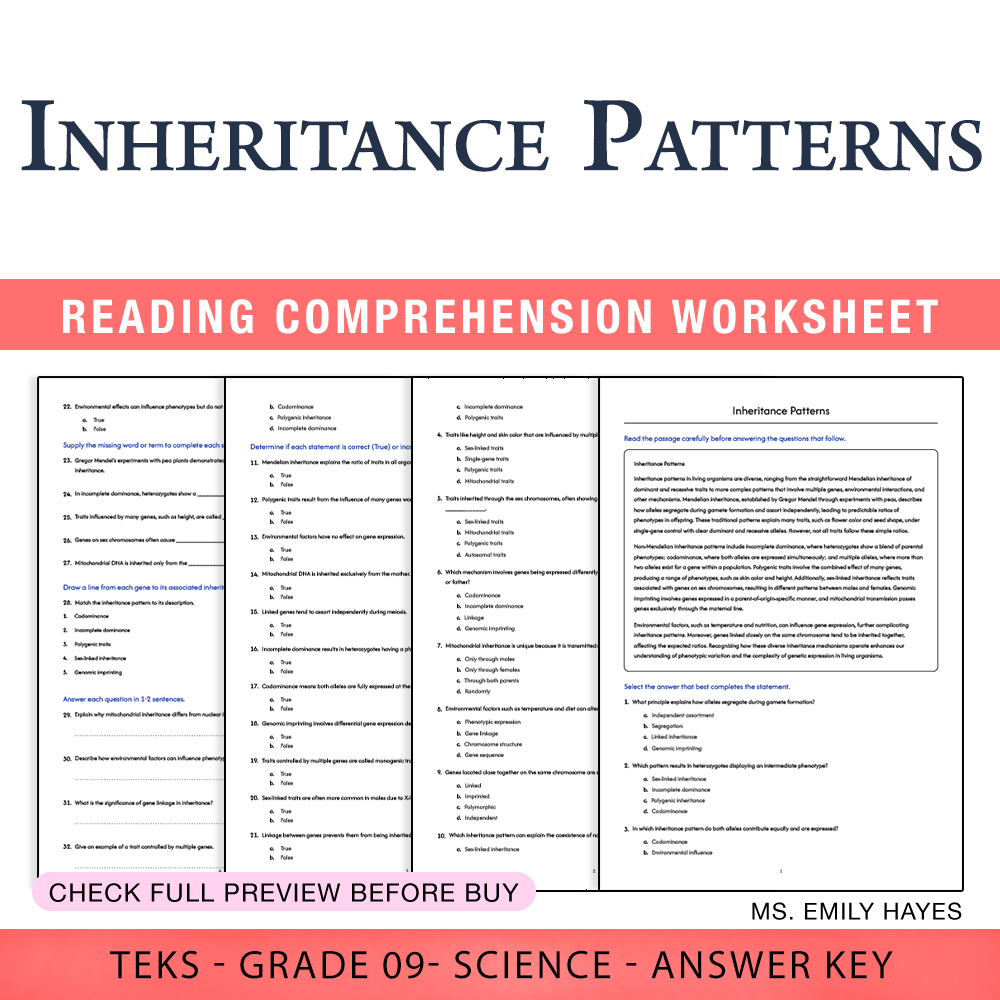 Grade 9 Science worksheet worksheet — 9th Grade Science | Inheritance Patterns Worksheet (PDF+ Answer Key) — page 1