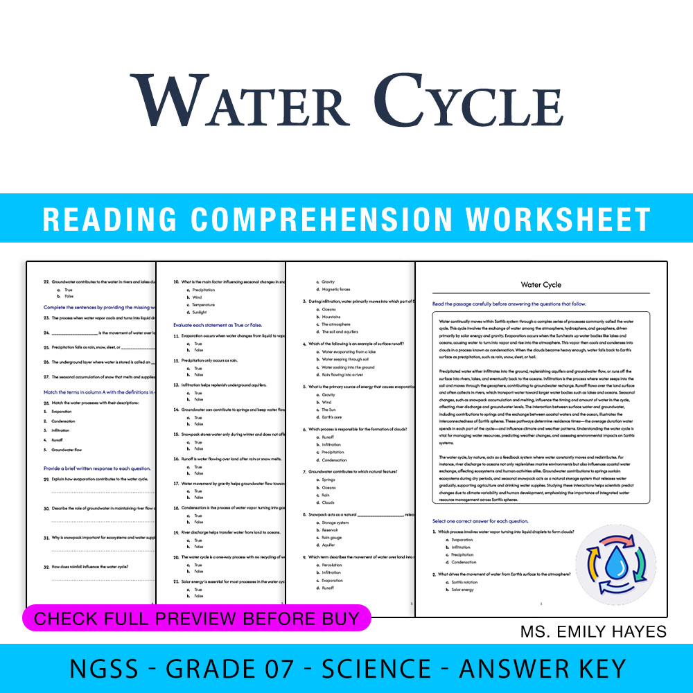 Grade 7 Science worksheet worksheet — 7th Grade Science | Water Cycle Worksheet (PDF+ Answer Key) — page 1
