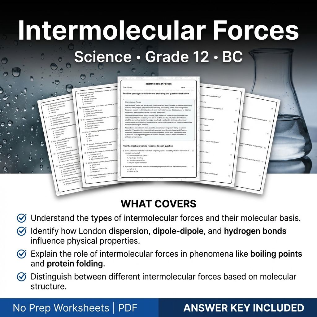 Intermolecular Forces Worksheet | Grade 12 Science Practice with Answer Key