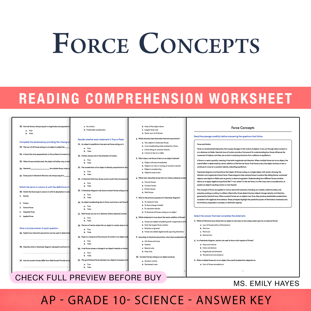 Grade 10 Science worksheet worksheet — 10th Grade Science | Force Concepts Worksheet (PDF+ Answer Key) — page 1