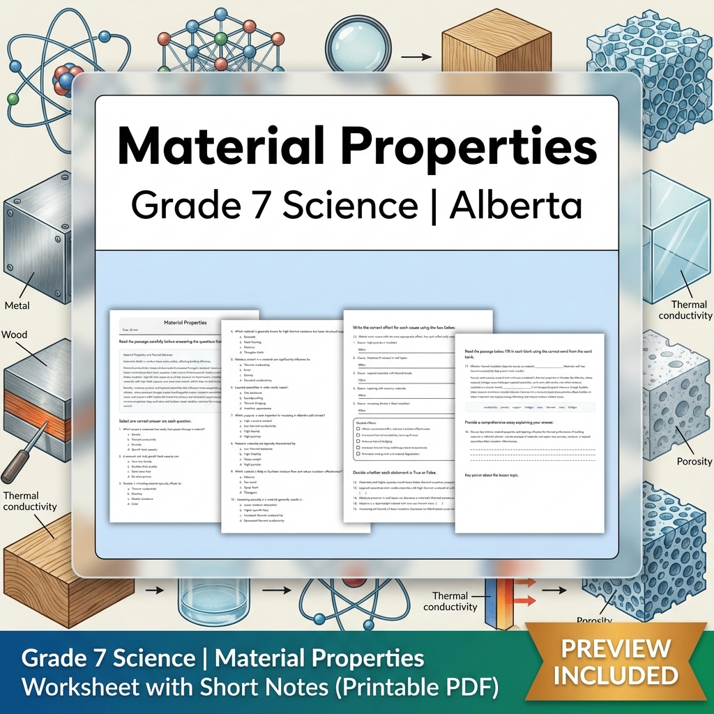 Grade 7 Science | Material Properties Worksheet with Short Notes (Printable PDF)