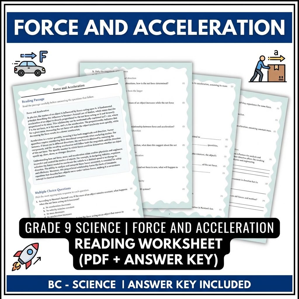 Grade 9 Science | Force and Acceleration Reading Worksheet (PDF + Answer Key)
