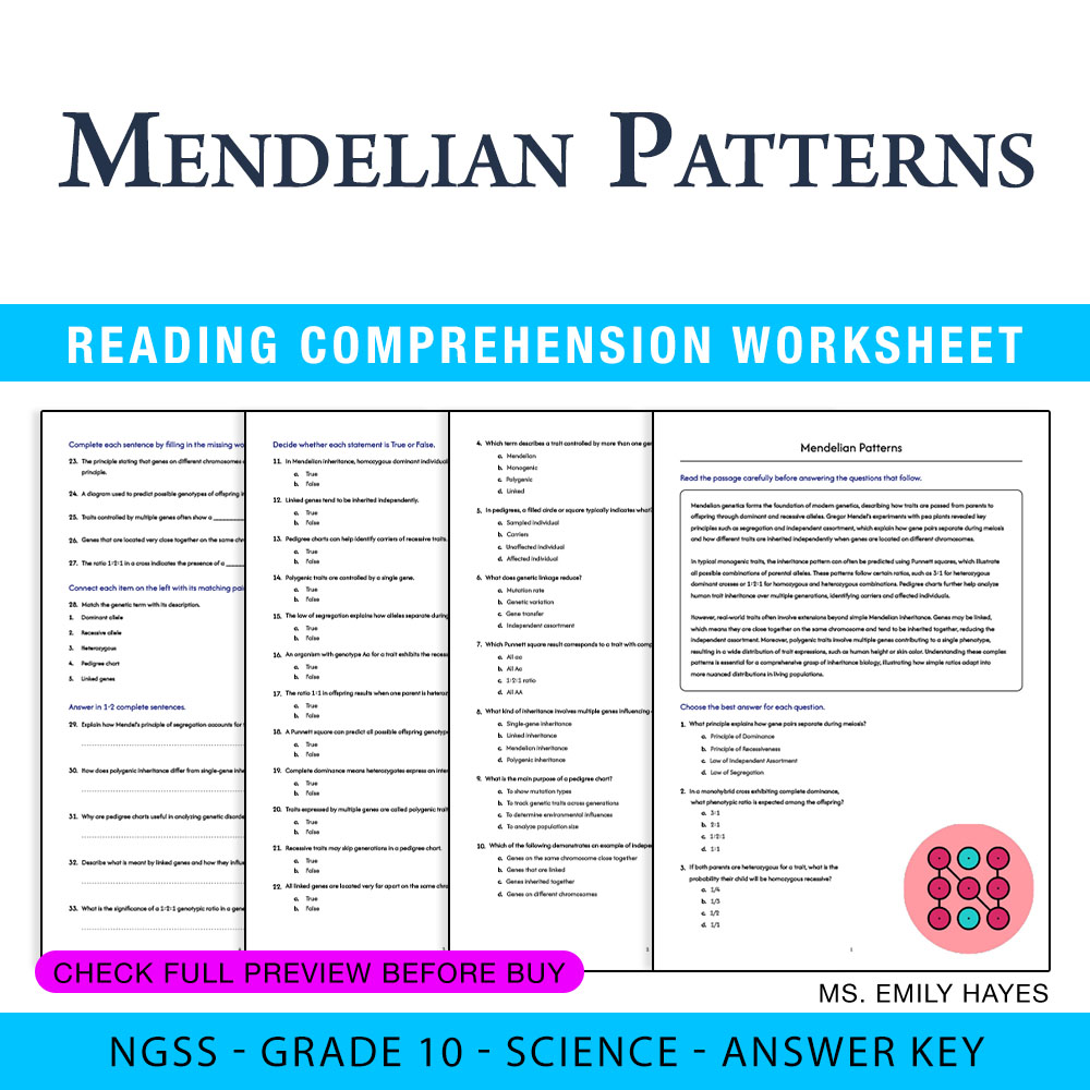 Grade 10 Science — worksheet — 10th Grade Science | Mendelian Patterns Worksheet (PDF+ Answer Key) — page 1