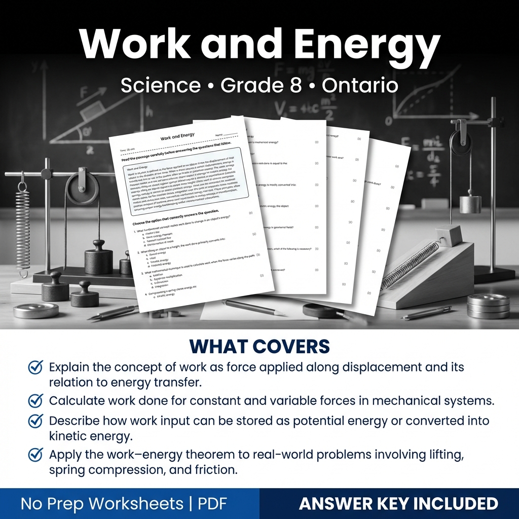 Work and Energy Worksheet | Grade 8 Science | Ontario Standards