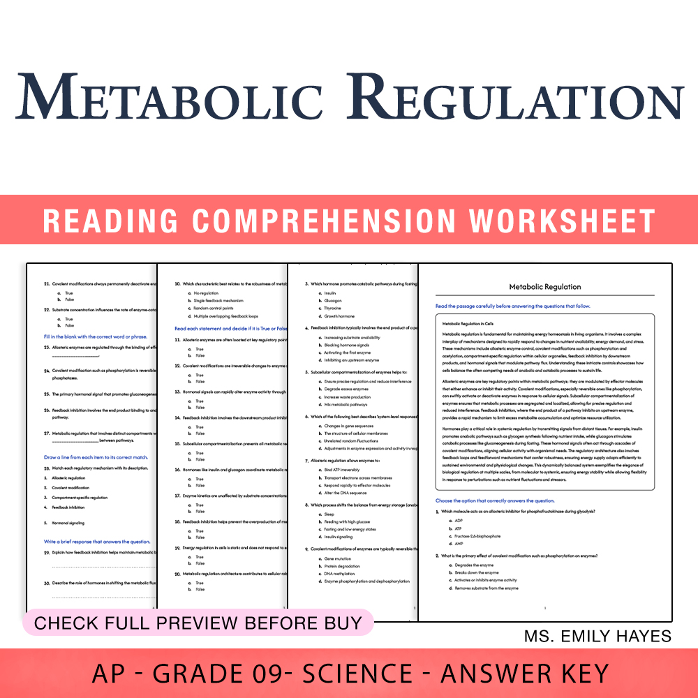 Grade 9 Science worksheet worksheet — Grade 9 Science | Metabolic Regulation Worksheet (PDF+ Answer Key) — page 1