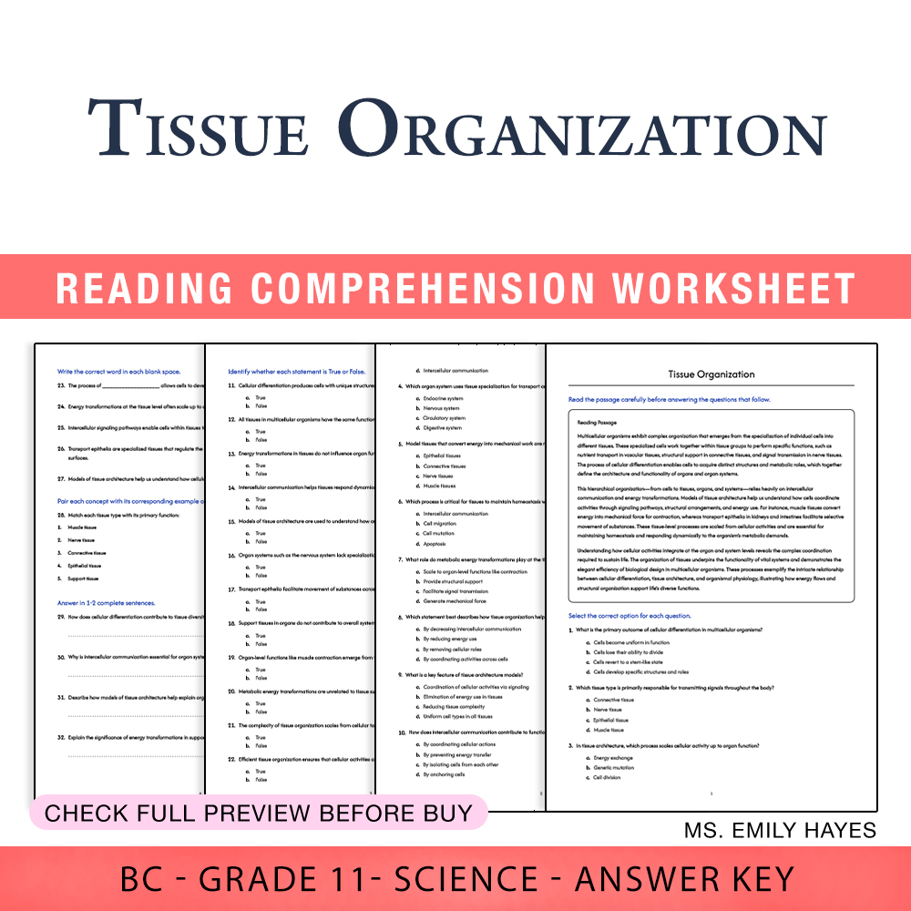 Grade 11 Science worksheet worksheet — 11th Grade Science | Tissue Organization Worksheet (PDF + Answer Key) — page 1