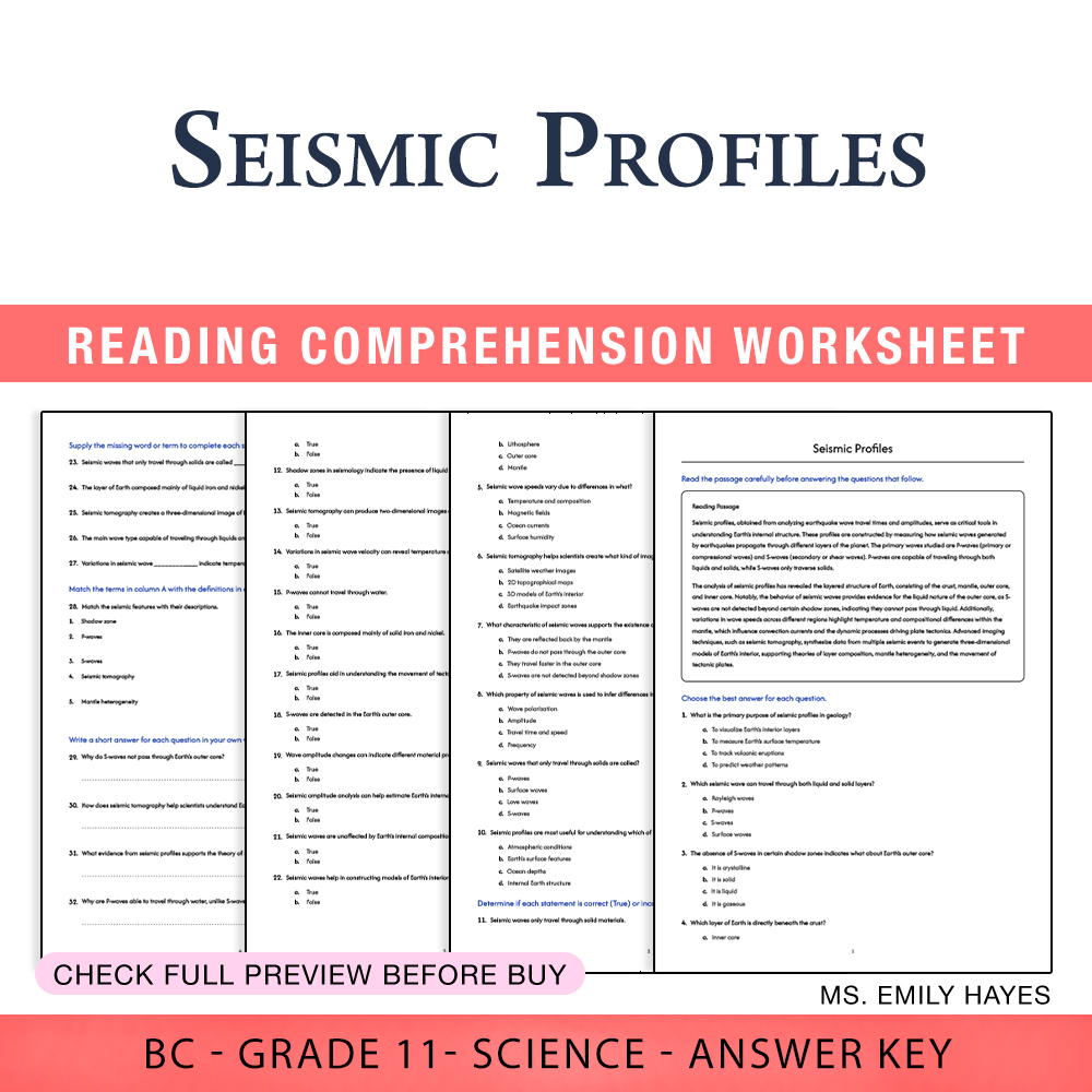 Grade 11 Science worksheet worksheet — 11th Grade Science | Seismic Profiles Worksheet (PDF + Answer Key) — page 1