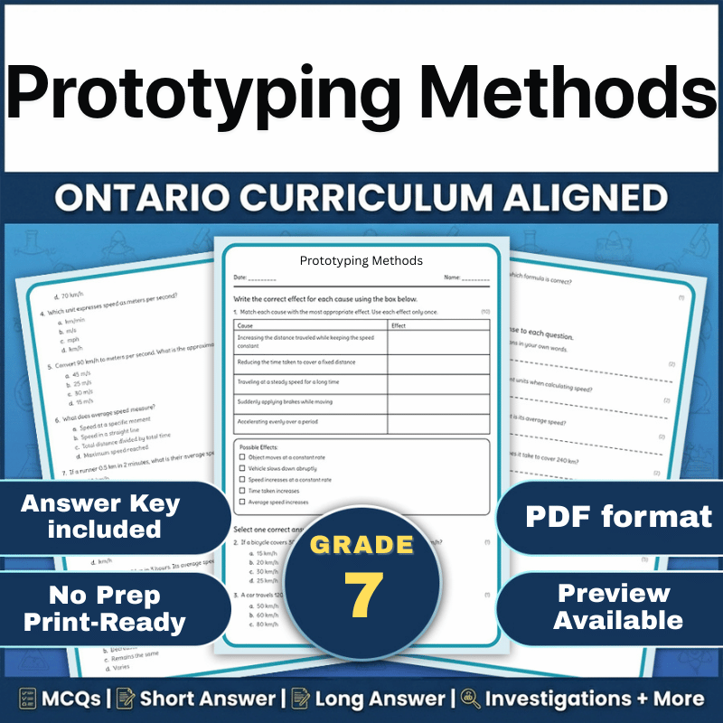 Grade 7 Science – Prototyping Methods Worksheet (PDF) aligned to Ontario
