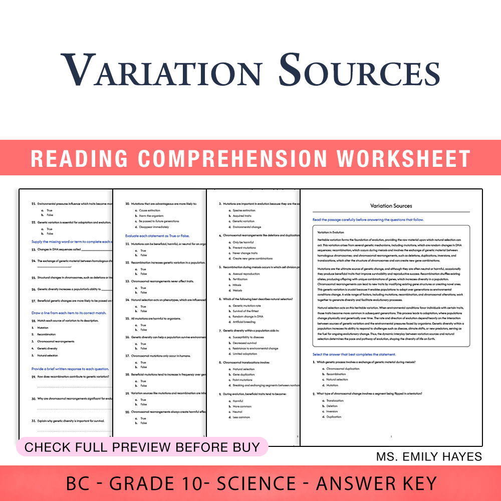 Grade 10 Science worksheet worksheet — 10th Grade Science | Variation Sources Worksheet (PDF + Answer Key) — page 1