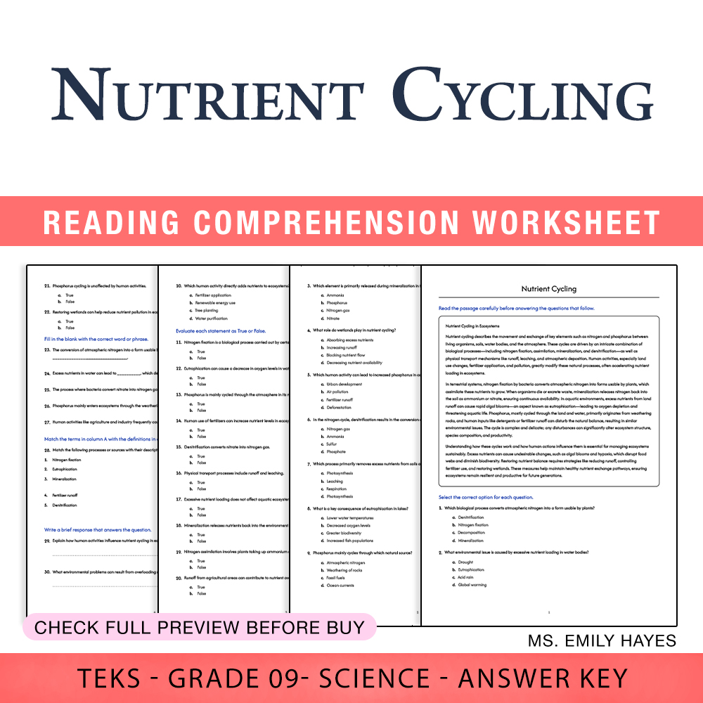 Grade 9 Science worksheet worksheet — Grade 9 Science | Nutrient Cycling Worksheet (PDF+ Answer Key) — page 1