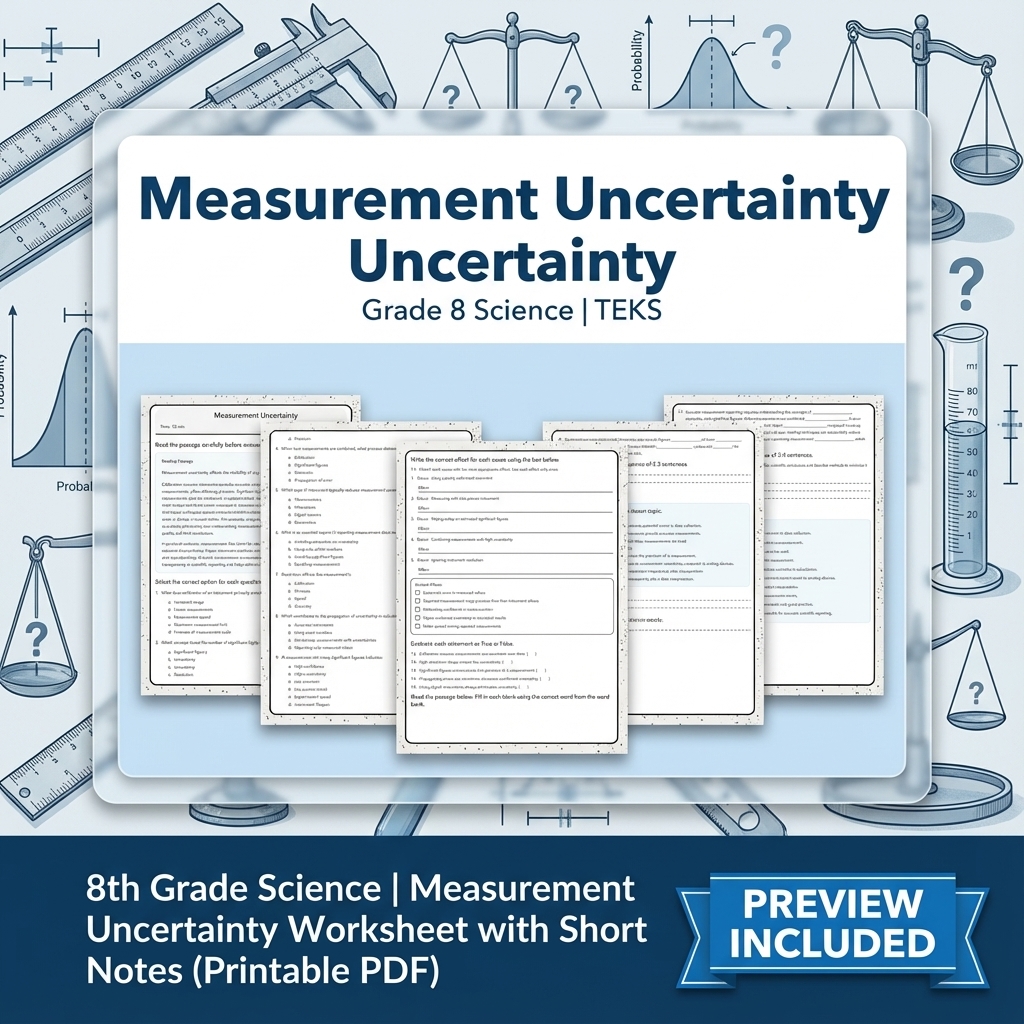 8th Grade Science Measurement Uncertainty Worksheet with Short Notes (PDF)