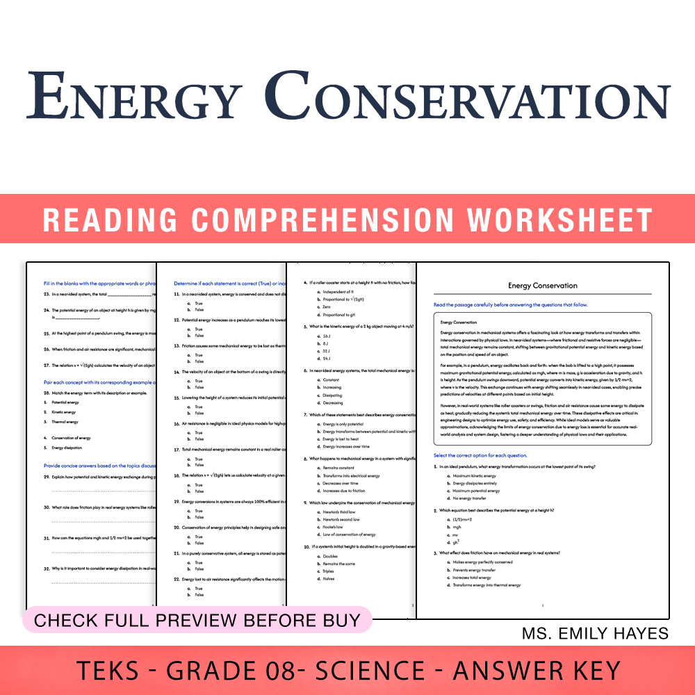 Grade 8 Science worksheet worksheet — Grade 8 Science | Energy Conservation Worksheet (PDF+ Answer Key) — page 1