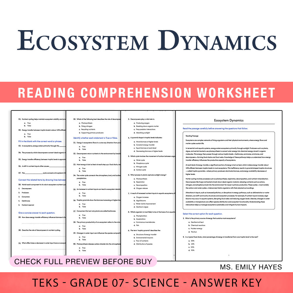 Grade 7 Science worksheet worksheet — 7th Grade Science | Ecosystem Dynamics Worksheet (PDF+ Answer Key) — page 1