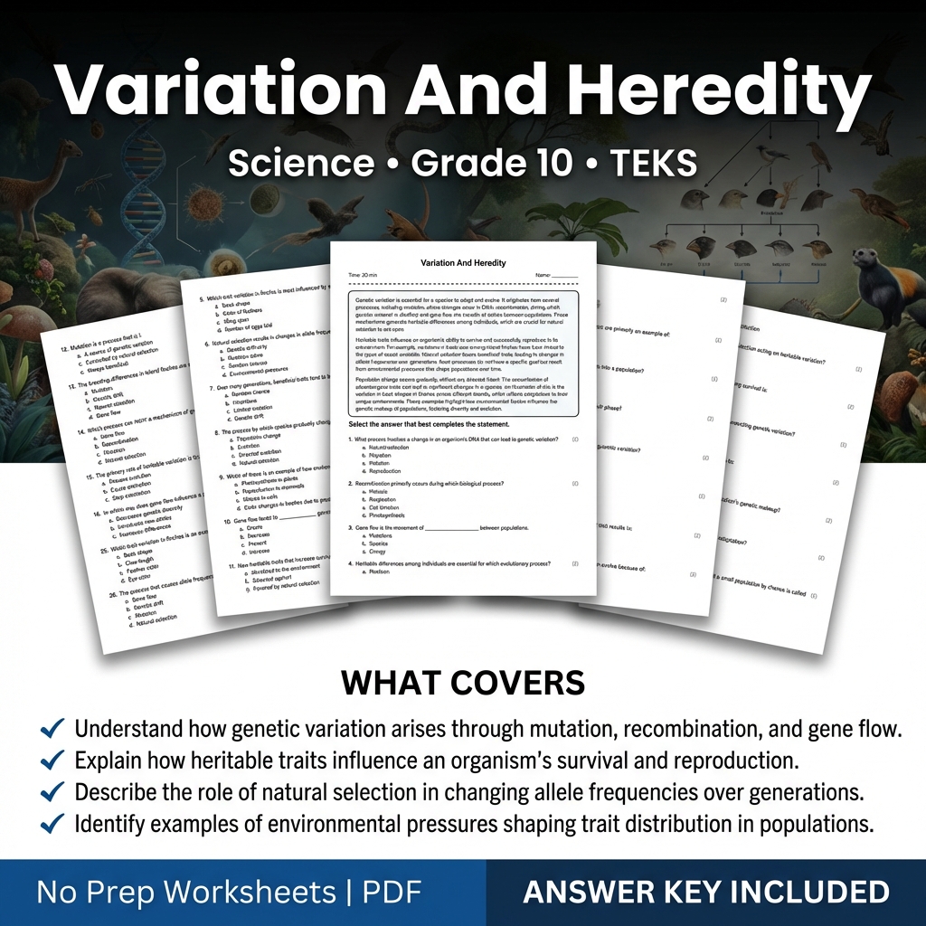 Variation And Heredity Grade 10 Science Worksheet | TEKS Standards