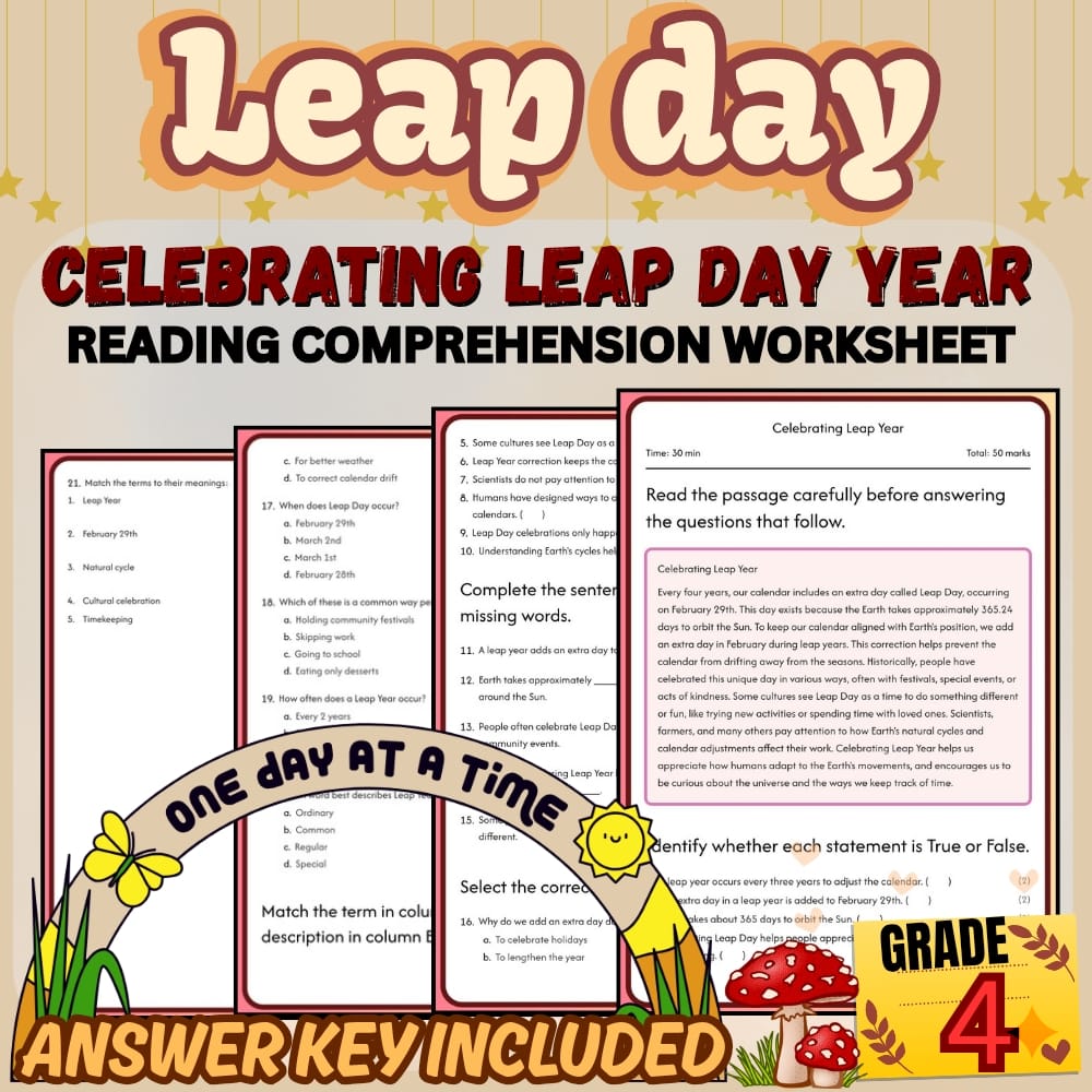 Grade 4 Holiday Leap Day Worksheet Bundle | February Calendar & History — included worksheet 4