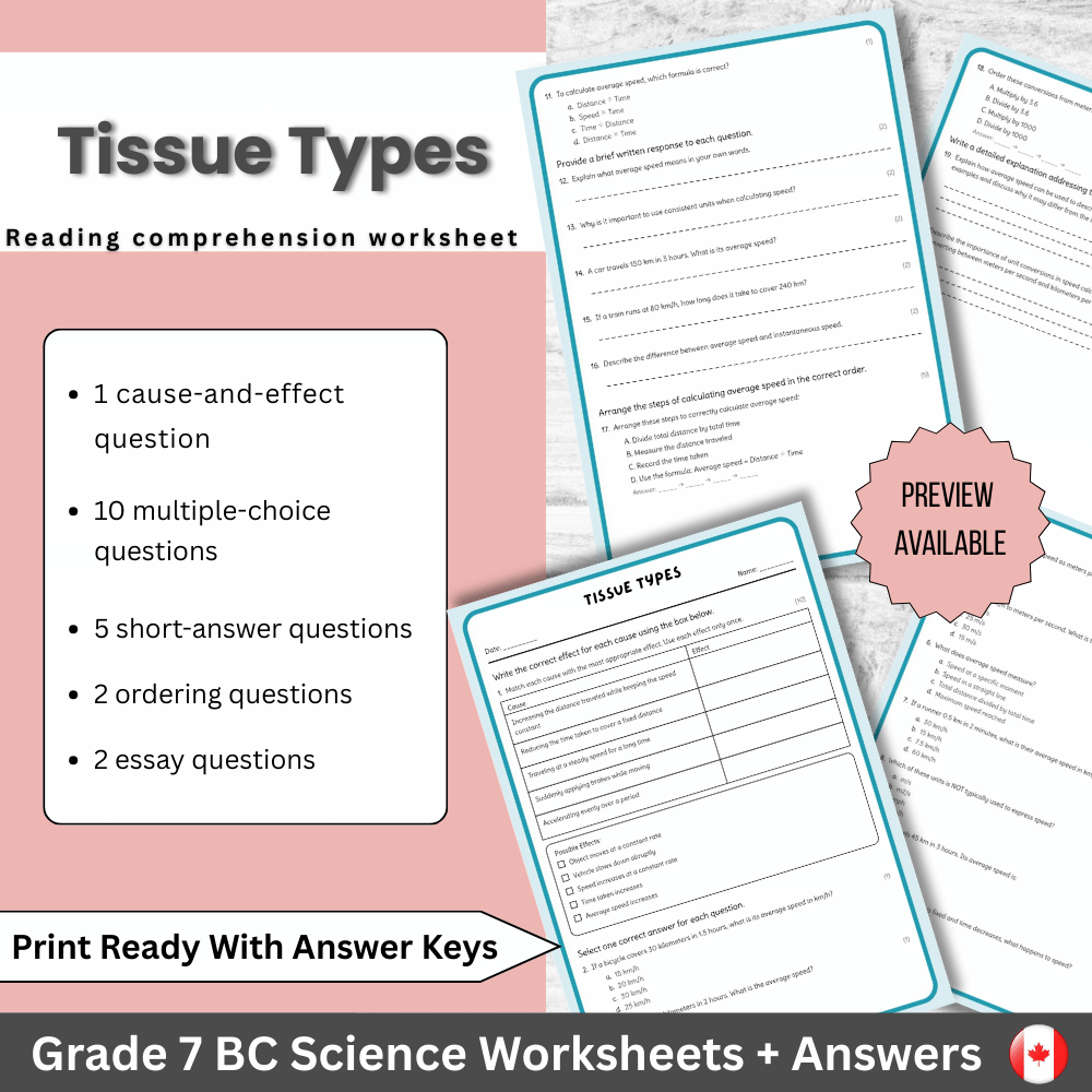 Grade 7 Science | Tissue Types Worksheet (Answer Key) – BC Standards