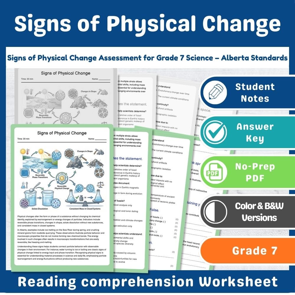 Grade 7 Science assessment worksheet — Signs of Physical Change Assessment for Grade 7 Science – Alberta Standards — page 1