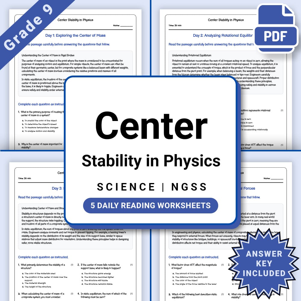 Grade 9 Science daily reading worksheet worksheet — Grade 9 Science – Center Stability in Physics Worksheet(PDF + Answer K…