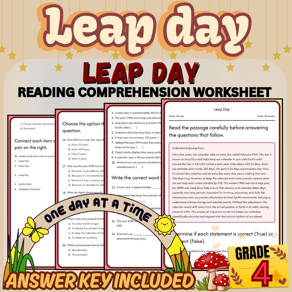 Grade 4 Holiday Leap Day Worksheet Bundle | February Calendar & History — included worksheet 5
