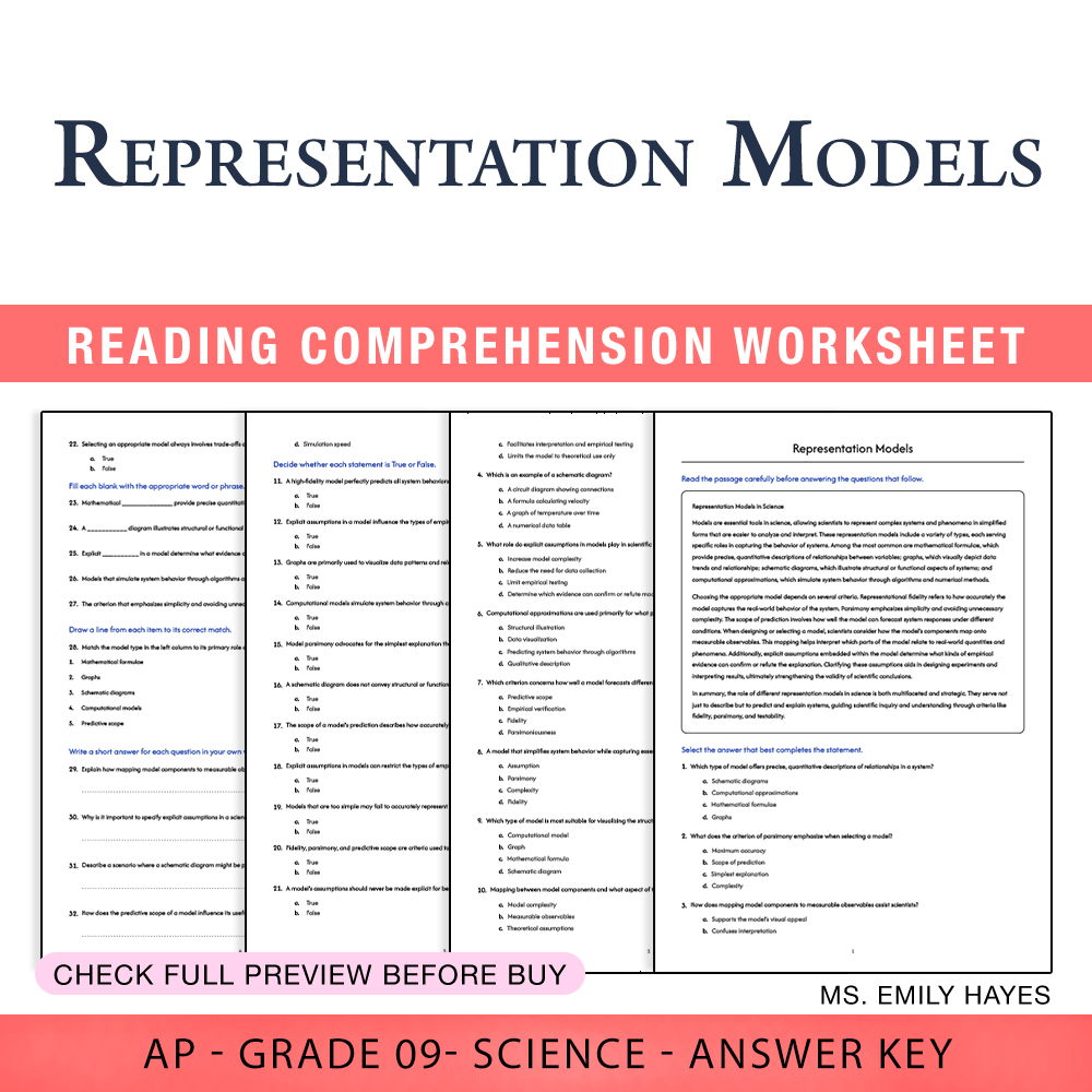 Grade 9 Science worksheet worksheet — 9th Grade Science | Representation Models Worksheet (PDF+ Answer Key) — page 1