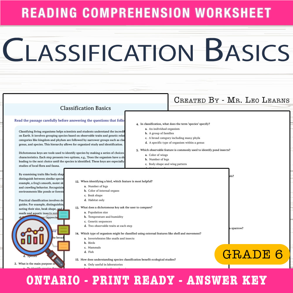 Grade 6 Science worksheet worksheet — Grade 6 Science — Classification Basics Worksheet for Mastery — page 1